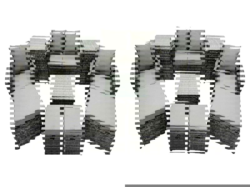 Fimous 8 Seater Rattan Garden Furniture Set with Sofa, Coffee Table, 2 Chairs, 2 Side Tables & 4 Footstools - Dark Grey