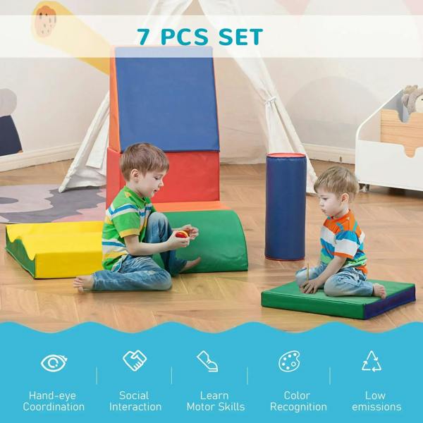 7-piece foam play set with blue ramp, red base, and green and yellow cushions
