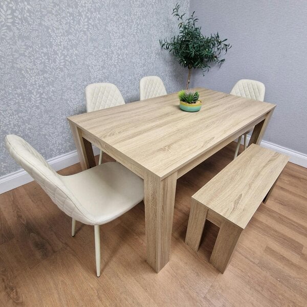 Kosy Koala Modern Oak Effect Dining Table Set With 4 Cream Plastic Chairs And Bench Dining Room Furniture