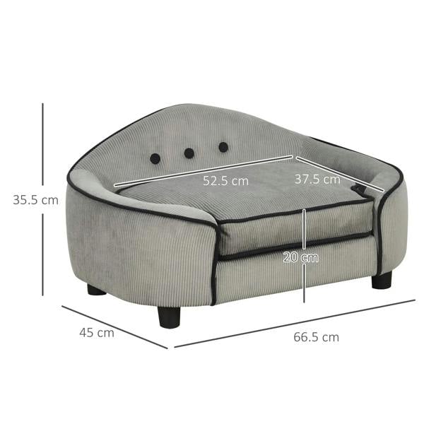 Grey pet sofa bed with soft cushion and black piping, low legs, front view