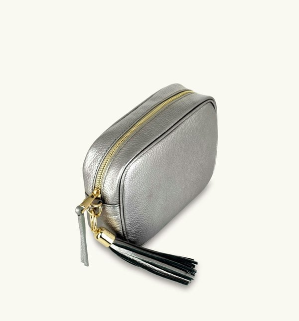 Apatchy London The Tassel Pewter Leather Crossbody Bag With Gold Chain Strap