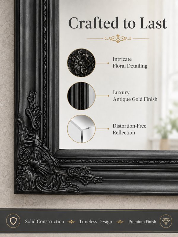 Downton Interiors Antique Style Extra Large Black Wood Frame Wall Mirror 106cm x 75cm