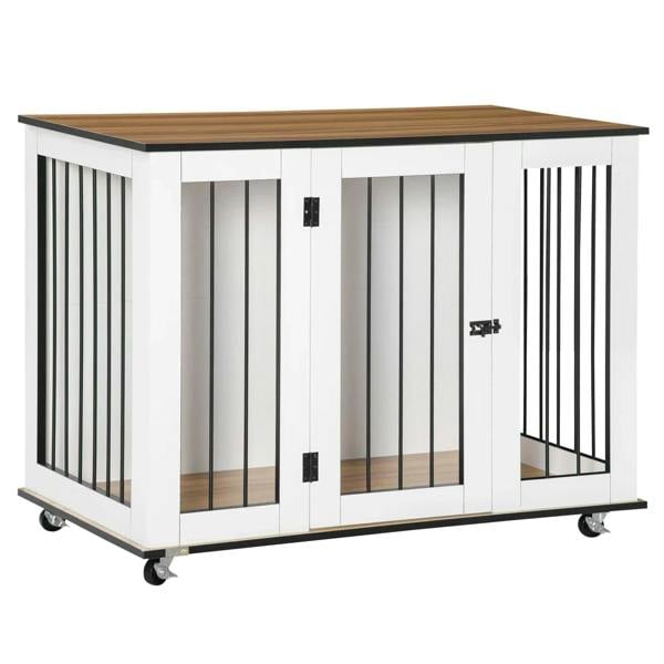 White dog crate end table with brown tabletop, vertical bars, double doors, and wheels