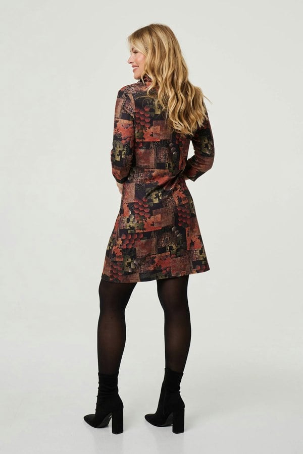 Brown | Printed 3/4 Sleeve Collared Short Dress
