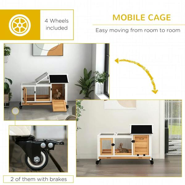 Mobile wooden rabbit hutch on four wheels with brakes and multi-door access