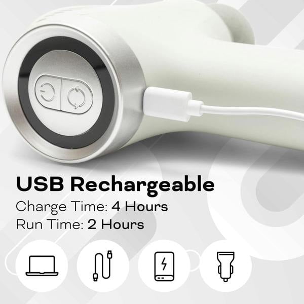 Close-up of the Reviber Deep Tissue Percussion Massage Gun with Long Reach Handle charging via USB. Text: USB Rechargeable—4 hr charge, 2 hr run time. Icons for laptop, plug, phone, and car charger appear below. Brand: Reviber.