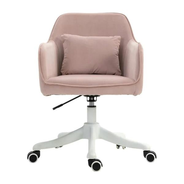 Pink velvet office chair with padded back and lumbar pillow, rolling base