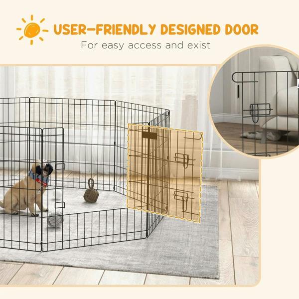 Black metal dog playpen door opening for easy access, with latch hardware
