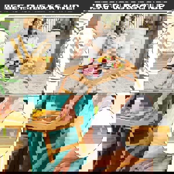 MANTRARAJ Pack Of 2 Bamboo Bed Tray Table with Foldable Legs And Handles Breakfast Tray for Sofa Bed Platters Lap Tray (Brown)