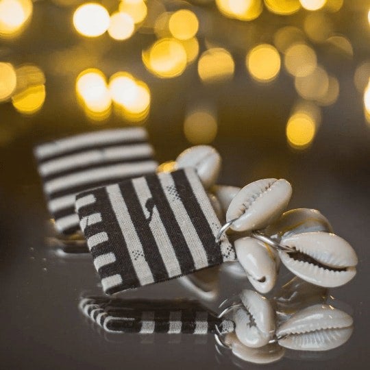 The Colourful Aura Large Black Handmade Square Stripe Fabric White Cowrie Jhumka Asian Earrings