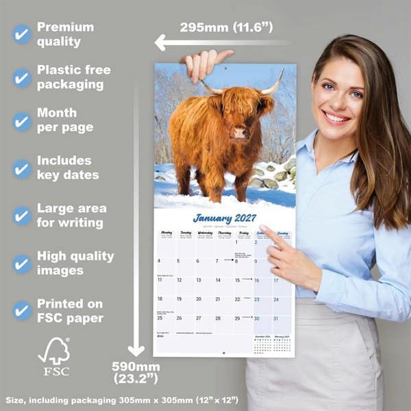 Highland Cows Calendar 2027, Wall Calendars, Month To View, Animals, Gift