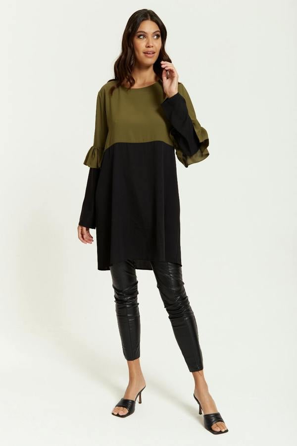 Hoxton Gal Colour Block Satin Tunic with Frill Detailed on Sleeve in Khaki and Black