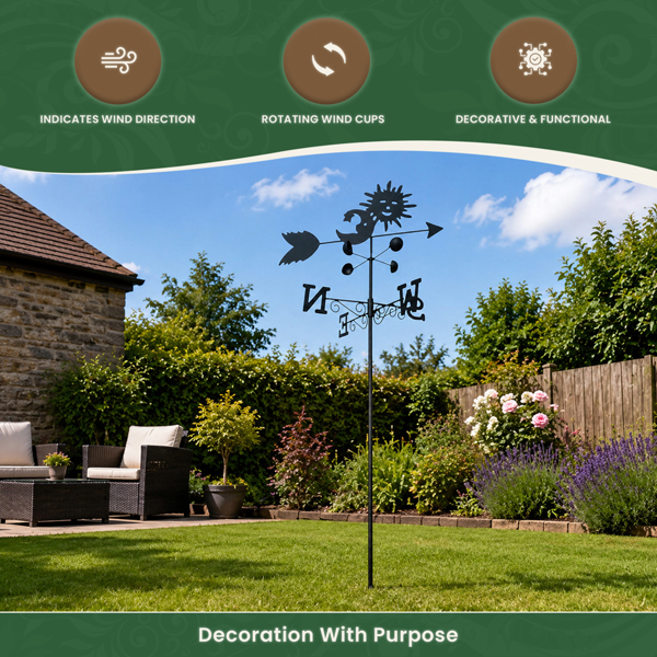 Sun and Moon Weathervane with Wind Speed Cups, All-Steel Black Finish, Wall Mount Bracket and Ground Spike Included