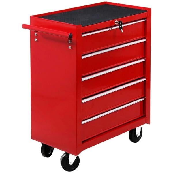 Red 5-drawer lockable steel tool cabinet on rolling wheels with side handle