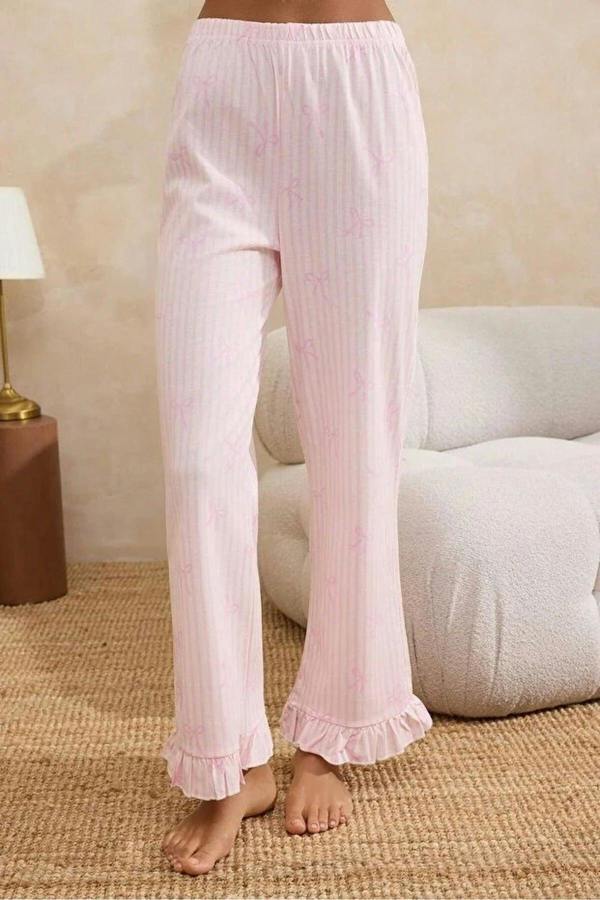 WOVCOR 2-Piece 100% Cotton Striped and Ribboned Ruffled Knitted Pajama Set