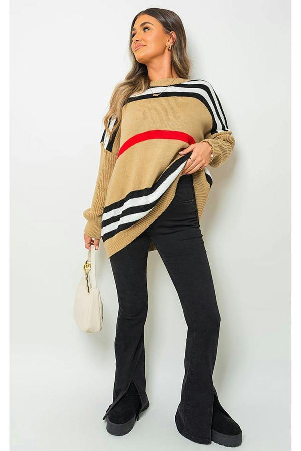 Ava Oversized Striped Long Sleeve Knitted Jumper - Camel