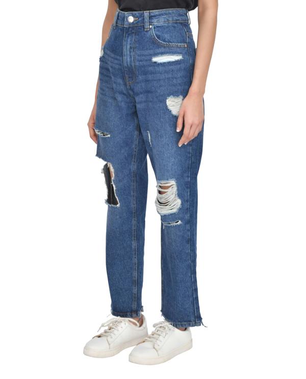 Smart Living Women's Casual Style High-Waist Torn Hem Rip Mom Jeans - Dark Wash