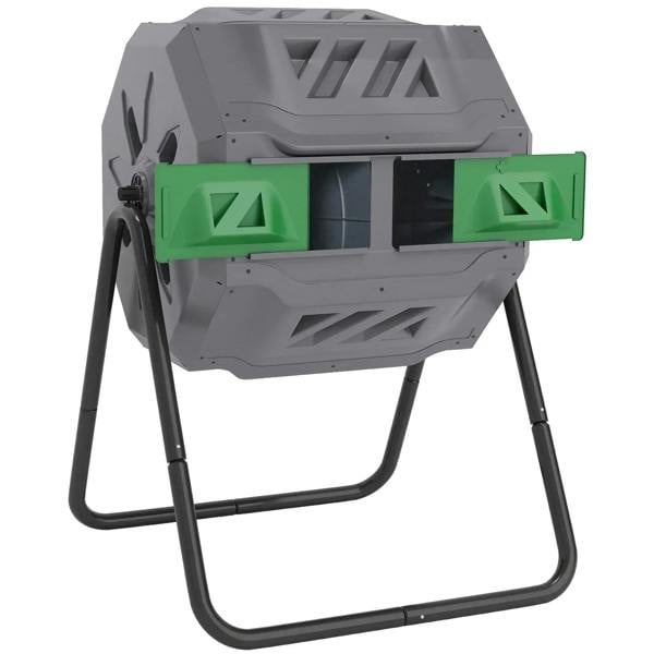Grey dual-chamber rotating composter with green side doors and black metal stand