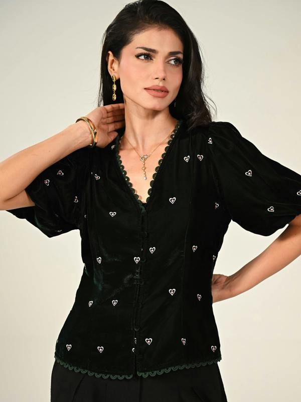 Rose & Nancy Illy Green Embroidered Heart Velvet Skirt