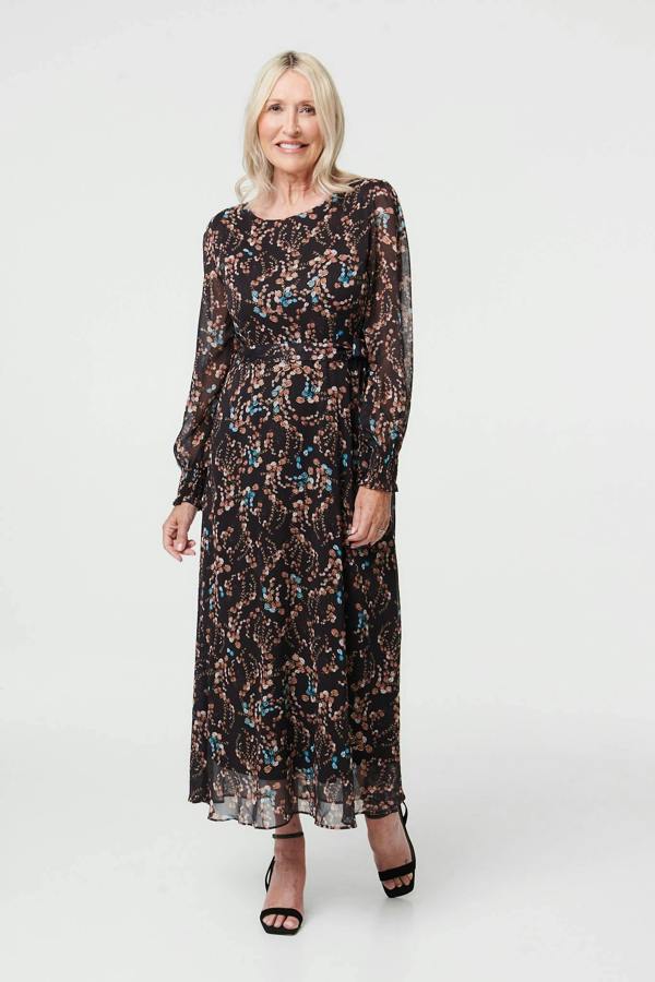 Brown | Floral Semi Sheer Layer Maxi Dress
