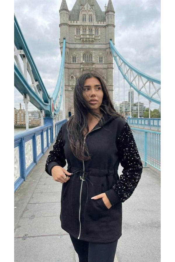 Evalora Zip Up Hoodie With Sequin Sleeve Detail - Wine