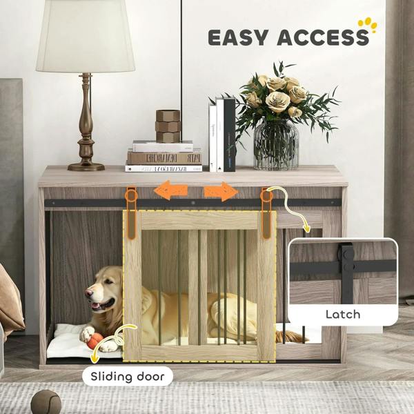 Brown dog crate with sliding door, removable cushion, and metal latch hardware