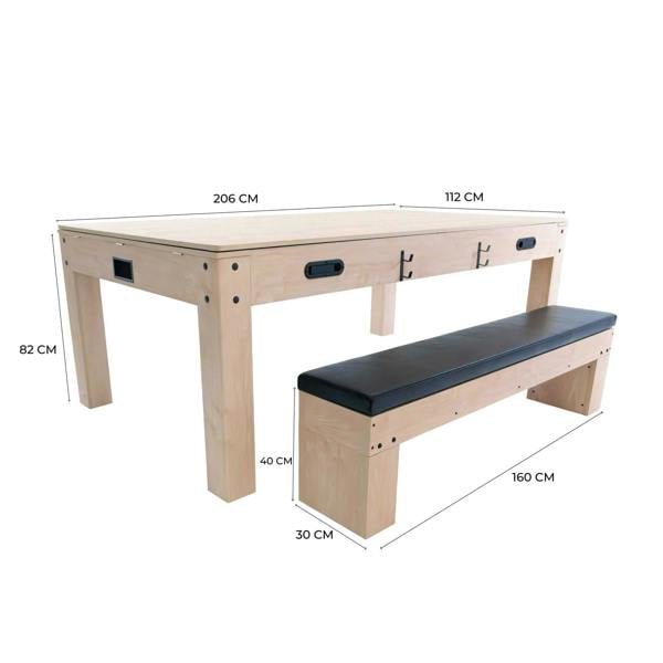 7-in-1 games table and storage bench in oak, featuring a sleek design with a black cushioned seat and ample storage space