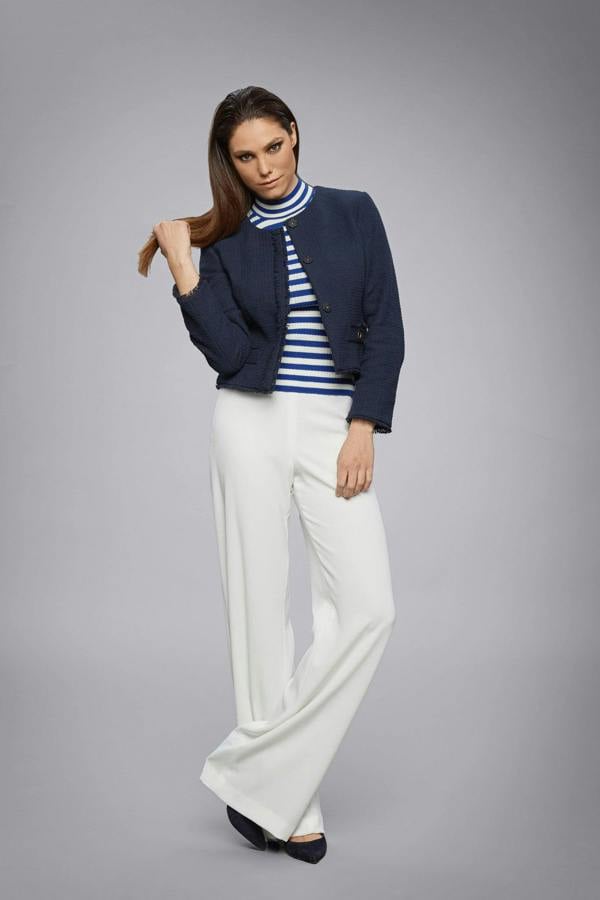 Rumour London Gabrielle navy tweed jacket with fringing detail