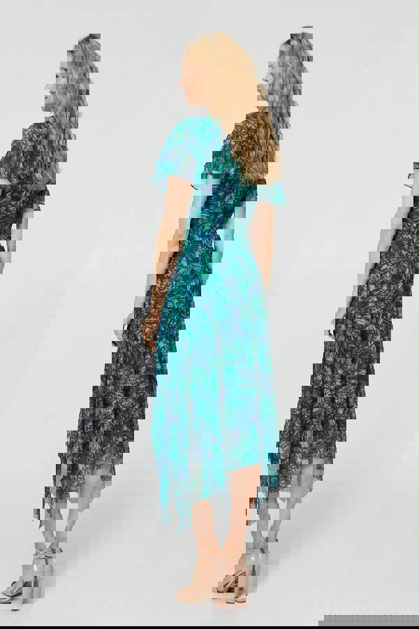 Green | Printed Semi Sheer Hanky Hem Midi Dress