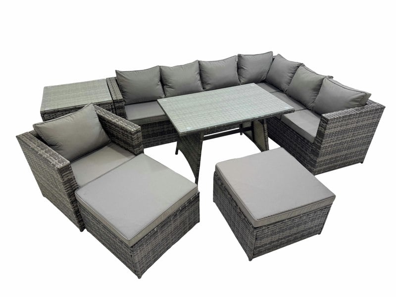 Fimous Rattan garden furniture Patio Furniture Sets with Dining Table Chair 2 Big Stools Side Table Dark Grey Mixed