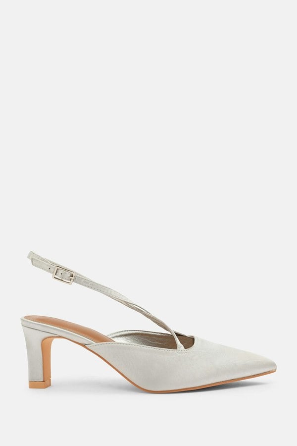 Where's That From Serna Wide Fit Pointed Toe Low Block Heel With Cross Over Ankle Strap in Silver Satin