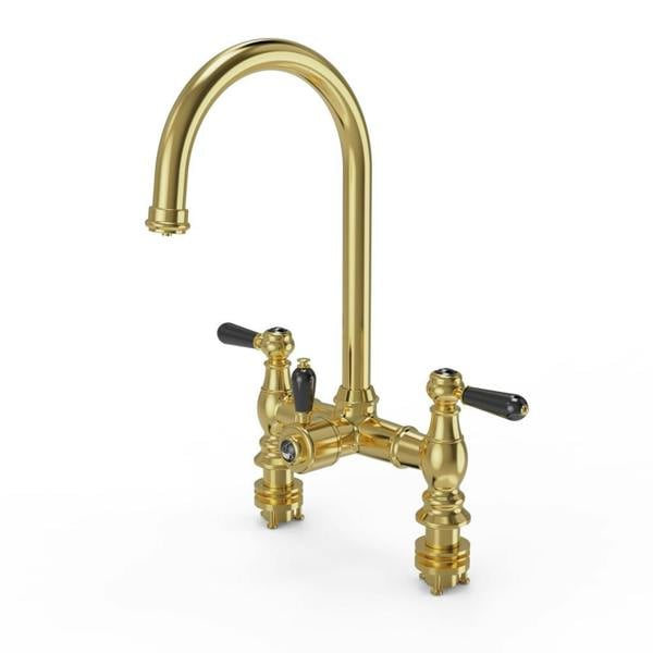Flode klas | Traditional Bridge Style 3 in 1 Instant Boiling Tap | Black Ceramic Levers | Brushed Brass Finish