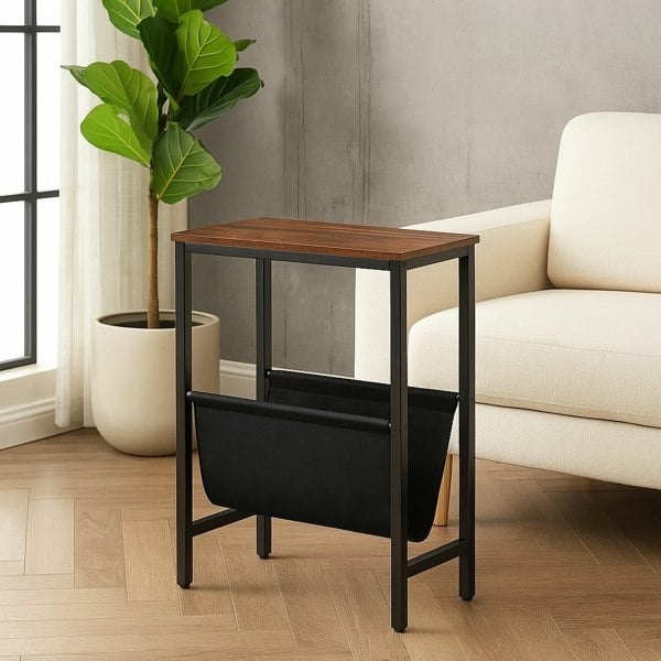 "Rustic brown narrow side table with black metal frame – compact end table for bedroom or living room"

