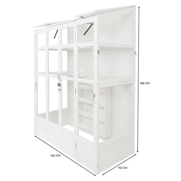 Victorian-style white greenhouse with multiple glass panels, shelves, and a sloped roof, ideal for plants and gardening enthusiasts