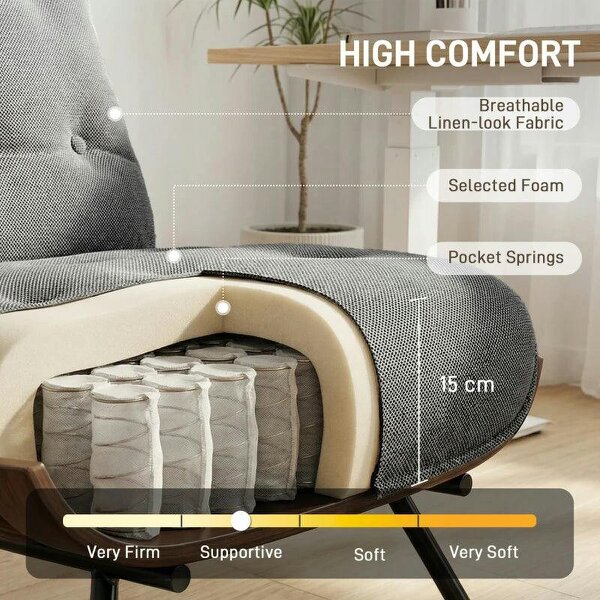 Accent Chair, Linen-look Fabric Reading Chair with Spring Cushion, Slatted Support, Steel Frame, Dark Grey