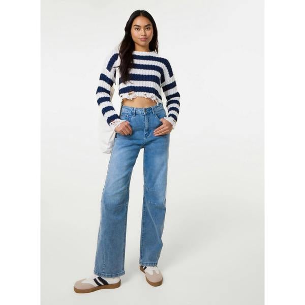 Pink Vanilla Distressed Striped Crop Knit Jumper