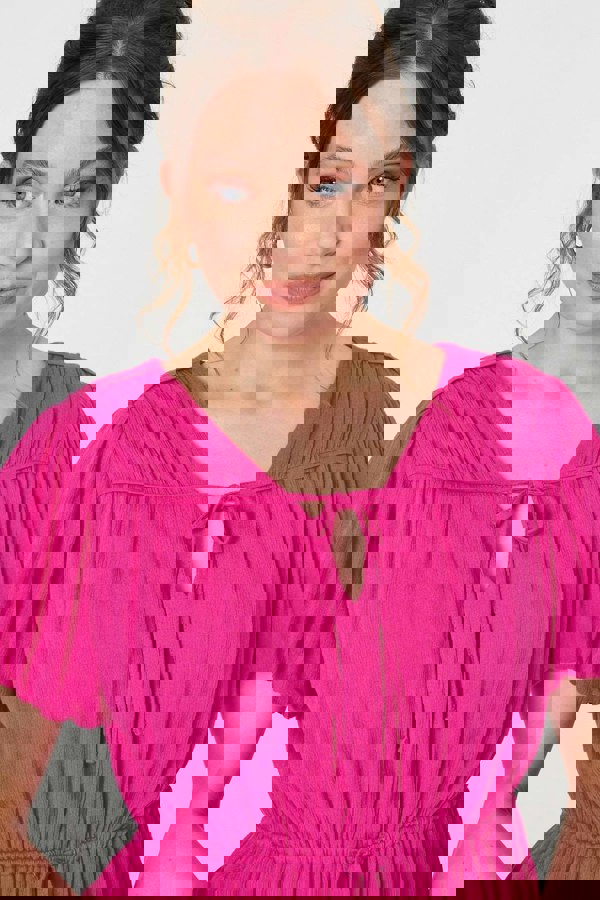 Pink | Ruched Short Puff Sleeve Peplum Blouse
