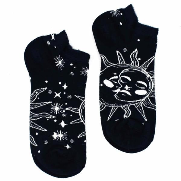 Dark navy ankle socks with white sun, moon, and starburst constellation design