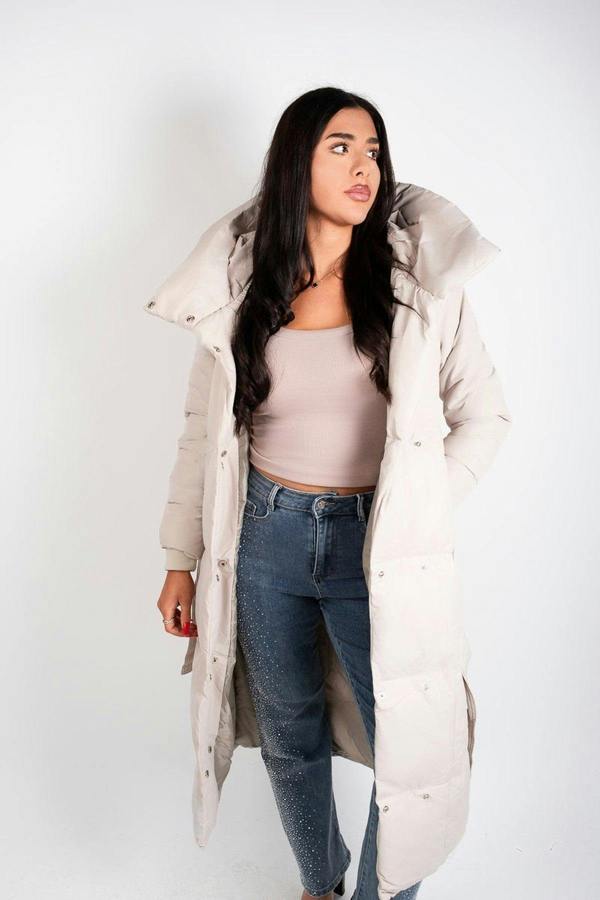 Velina Longline Puffer Coat With Belted Waist - Brown