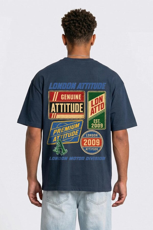London Attitude Oversized  Vintage Motorsport Back Print T-Shirt - Blue Dusk