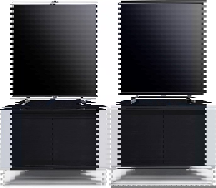 MDA Designs CORVUS Corner-Friendly Gloss Black Contemporary Cabinet with White Profiles Black BeamThru Glass Doors for Flat Screen TVs up to 50"