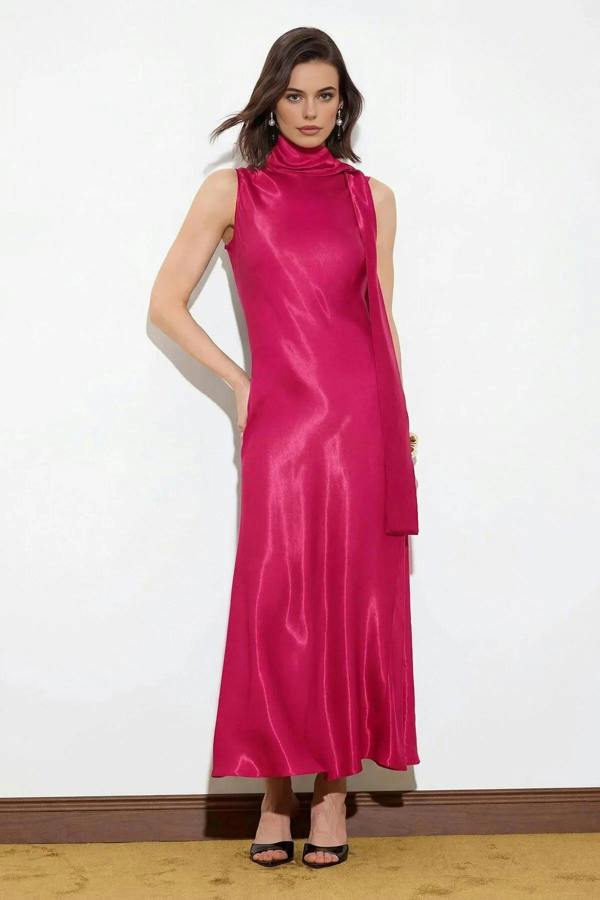 WOVCOR Satin Midi Dress with Scarf Detail
