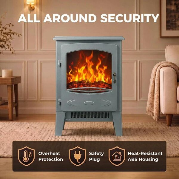Electric Fireplace, Freestanding Electric Fire with Realistic Flame Effect, Log Burner, 1000W/ 2000W, Grey