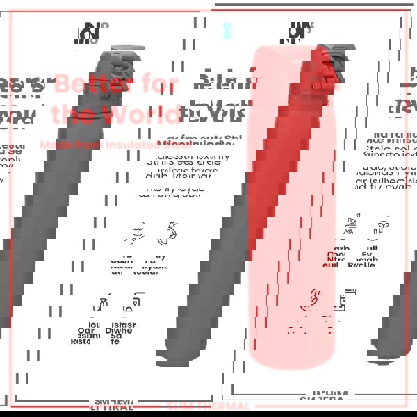 A red insulated steel water bottle sits on a white background; it is made from recyclable, durable material and is dishwasher safe. Better for the World. ION8. SLIM THERMAL.