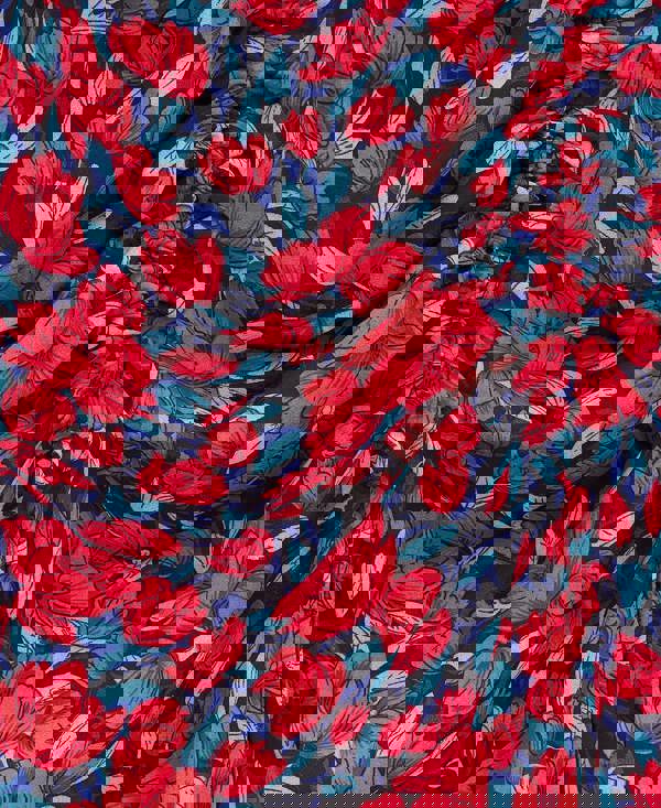 ROUCHE SIDE WRAP MIDI DRESS RED BLUE FLORAL Detail