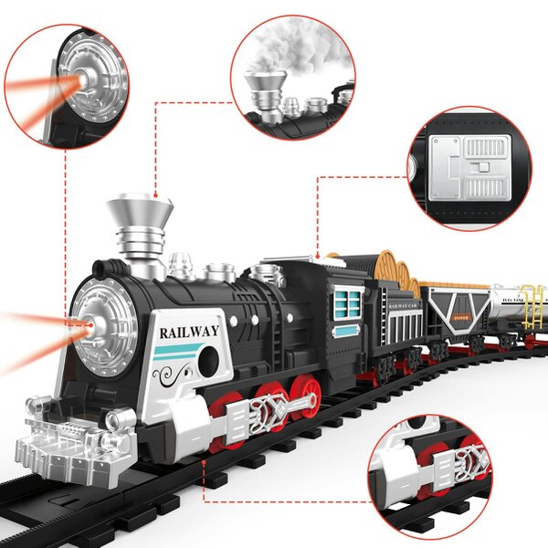 deAO Toys deAO Electric Steam Train Playset with Track, Lights, Music & Smoke Classic Railway Locomotive Toy Black