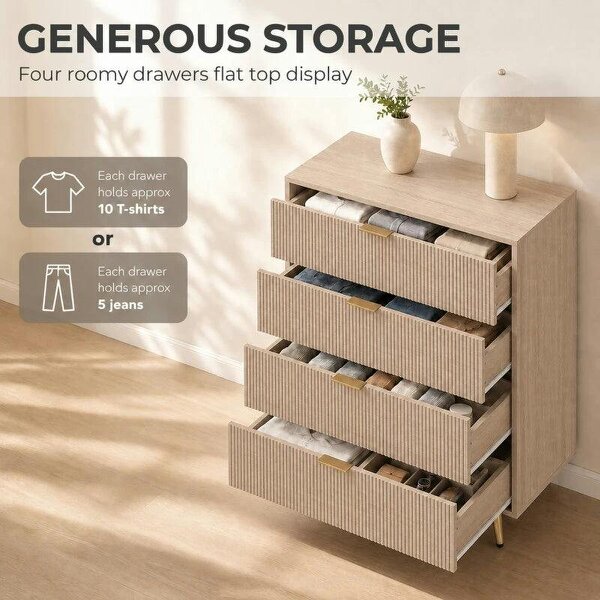 Bedroom Chest of Drawers with 4 Drawers, Fluted Dresser with Gold Tone Handles, Storage Cabinet, Natural