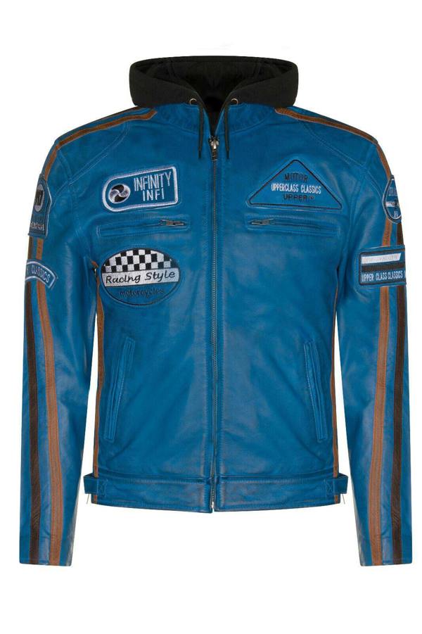 Infinity Leather Mens Racing Hooded Leather Biker Jacket-Detroit