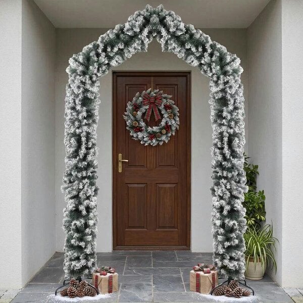 Bobobiy 9ft Flocked Snow Christmas Tree Arch, Christmas Single Arch Doorway Decor with 1400 Branch Tips and Steel Stand, Green - Green