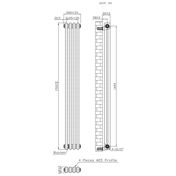 Monstershop Traditional 2 Column Radiator - 1500 x 200mm - Raw Metal